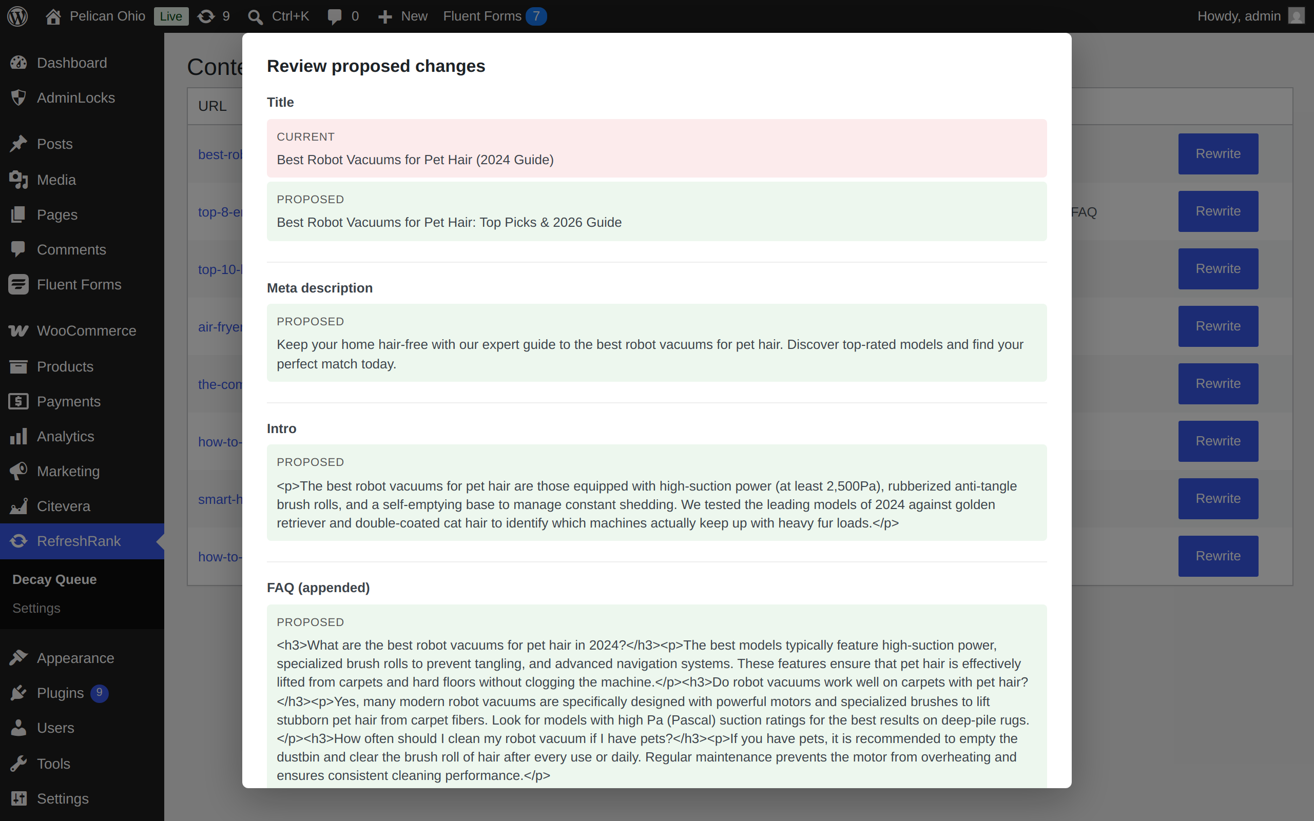 The RefreshRank review modal: every proposed change shown side by side as current versus proposed before approval